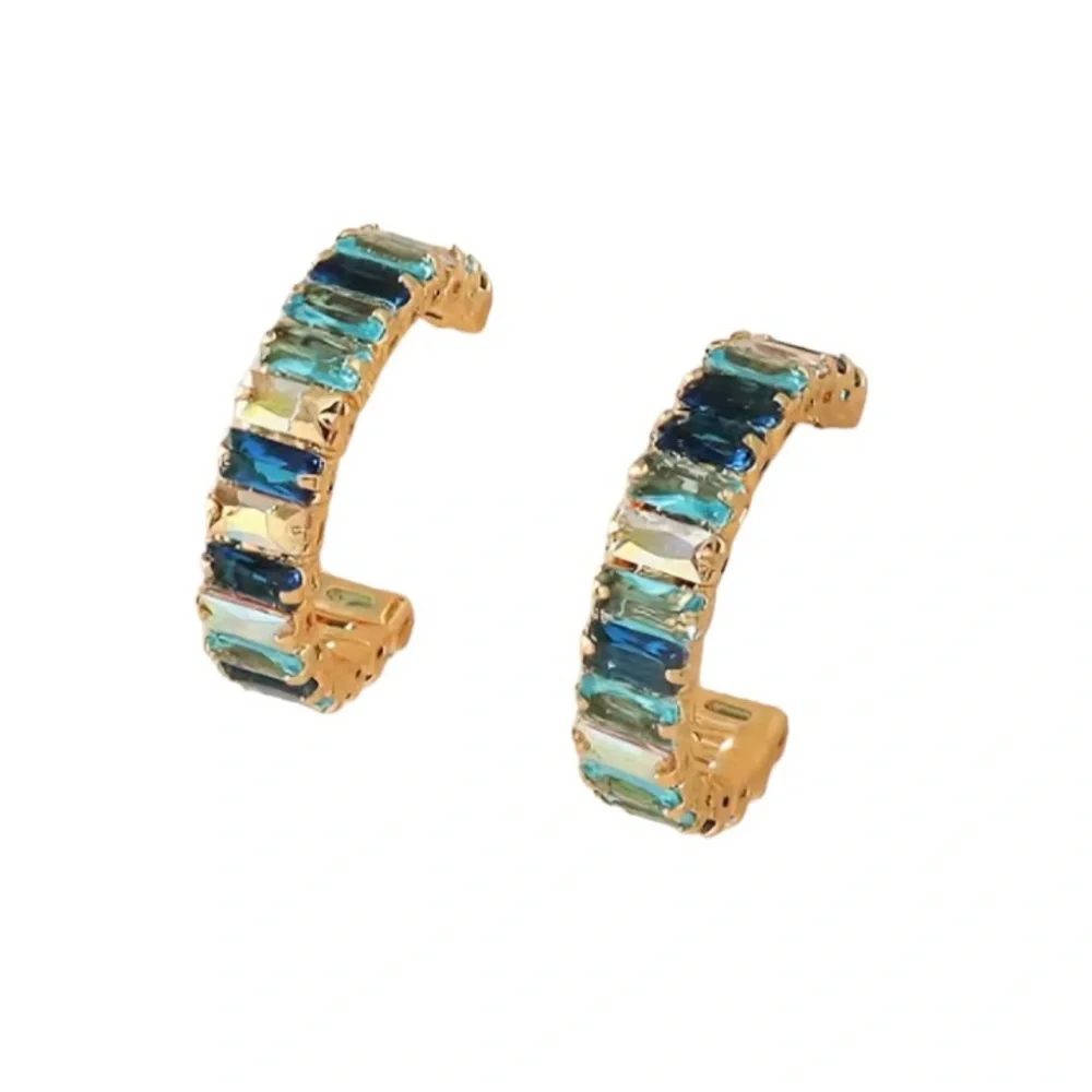 Radiant Blue & Iridescent Baguette Crystals C Shaped Gold Toned Hoop Earrings - Picture 1 of 5